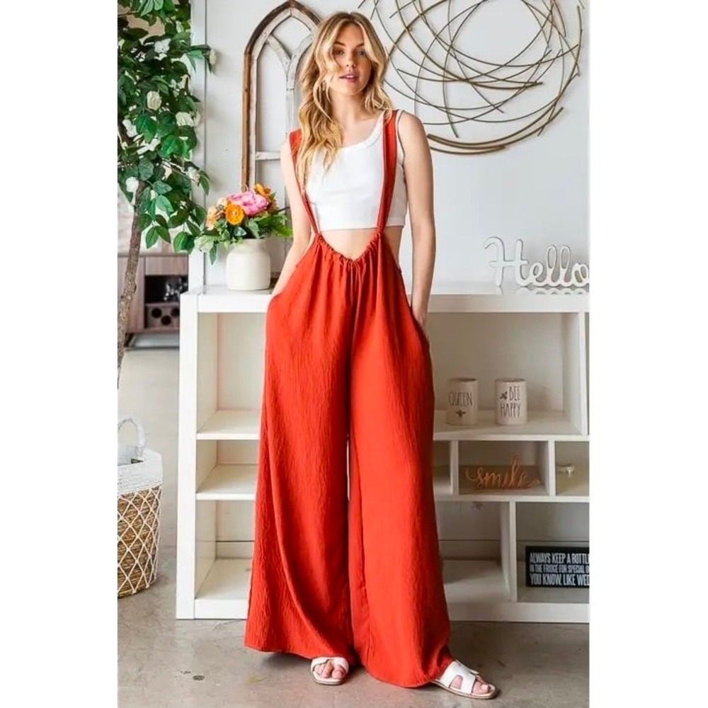 Zenana Rust Orange Wide Leg Overall Jumpsuit Tie Back Boho Large